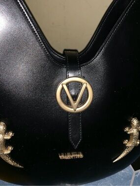 Valentino Black Leather Shoulder Bag with Gold V Medallion and Lizard Accents
